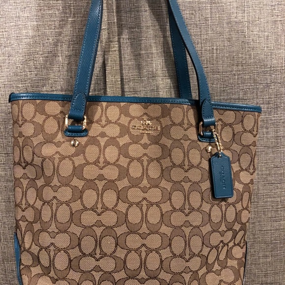 Coach Handbags - Coach Signature and Teal Blue Zip Top Tote
